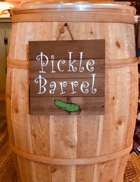 Wooden Pickle Barrel with a hand-painted sign