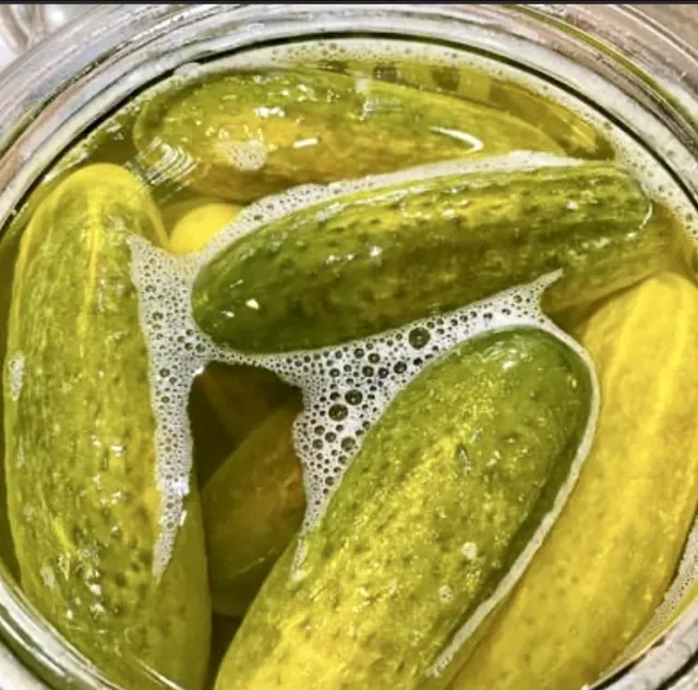 Cucumbers bubbling in a jar of brine